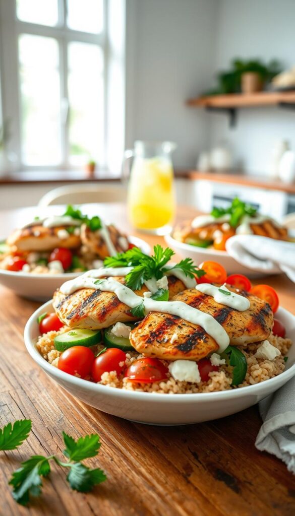 A mouthwatering scene of Greek Grilled Chicken Bowls, captured in a bright, airy kitchen. In the foreground, tender grilled chicken breasts are nestled atop a bed of fluffy quinoa, vibrant cherry tomatoes, crisp cucumber slices, and crumbled feta cheese. Garnished with fresh parsley and a drizzle of tangy tzatziki sauce, the dish exudes the flavors of the Mediterranean. The middle ground features a rustic wooden table, with a glass pitcher of fresh lemonade and a simple white napkin adding to the casual, wholesome presentation. Soft, natural lighting filters in through large windows, casting a warm glow over the scene and highlighting the dish's vibrant colors. An overall feeling of health, simplicity, and culinary delight pervades the image.