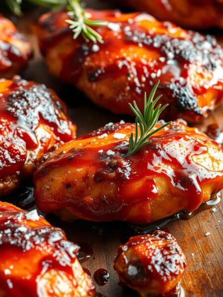A mouthwatering spread of juicy, golden-brown BBQ chicken breasts, fresh off the grill. The chicken is coated in a thick, glistening BBQ sauce, caramelized to perfection. Garnished with fresh sprigs of rosemary and a sprinkle of coarse sea salt. The scene is bathed in warm, golden lighting, casting a vibrant, inviting glow. The camera captures the dish at a 45-degree angle, showcasing the tender, succulent meat and the rich, smoky flavors. The background is a rustic, wooden table, with a simple, minimalist setting, allowing the star of the show - the BBQ chicken breasts - to take center stage.