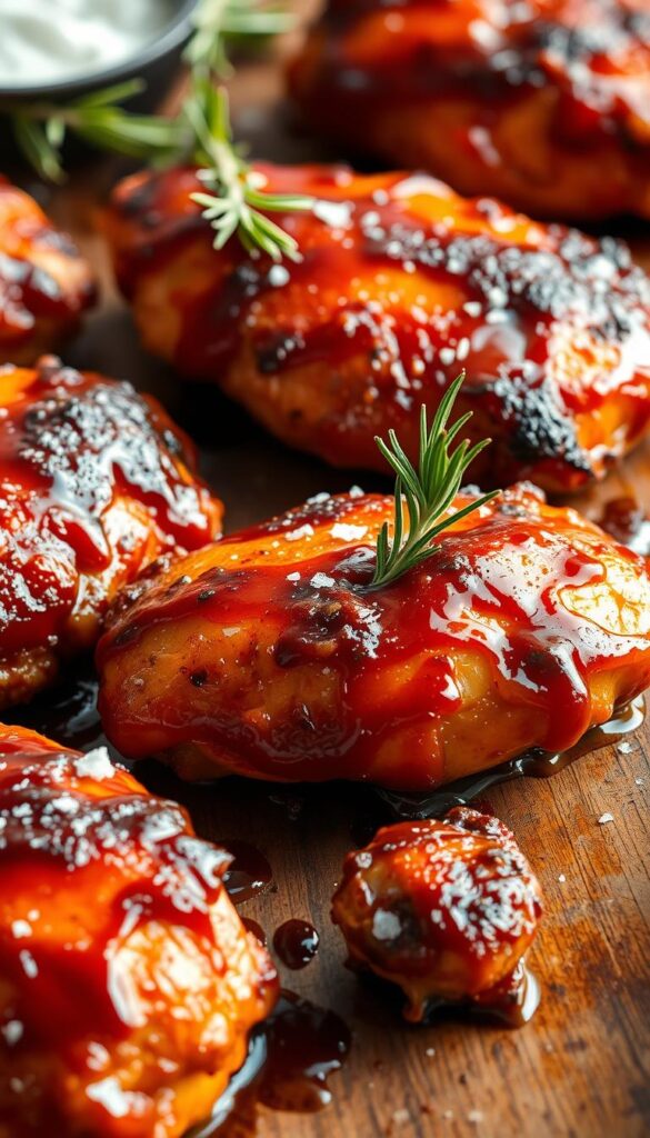 A mouthwatering spread of juicy, golden-brown BBQ chicken breasts, fresh off the grill. The chicken is coated in a thick, glistening BBQ sauce, caramelized to perfection. Garnished with fresh sprigs of rosemary and a sprinkle of coarse sea salt. The scene is bathed in warm, golden lighting, casting a vibrant, inviting glow. The camera captures the dish at a 45-degree angle, showcasing the tender, succulent meat and the rich, smoky flavors. The background is a rustic, wooden table, with a simple, minimalist setting, allowing the star of the show - the BBQ chicken breasts - to take center stage.