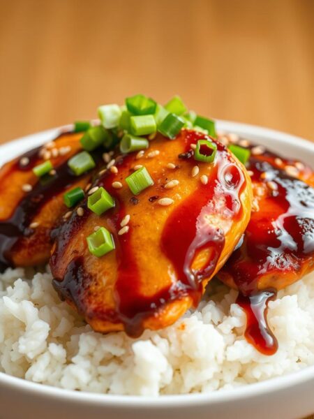 A neatly arranged dish of teriyaki-glazed baked chicken breasts, perfectly golden-brown and glistening, nestled atop a bed of steamed white rice. The chicken is garnished with fresh scallions, toasted sesame seeds, and a drizzle of the rich, savory teriyaki sauce. Soft, even lighting from above illuminates the dish, creating a warm, appetizing atmosphere. The composition is clean and balanced, showcasing the dish's mouthwatering presentation. The camera angle is slightly elevated, providing an enticing, close-up view of the delectable teriyaki baked chicken.