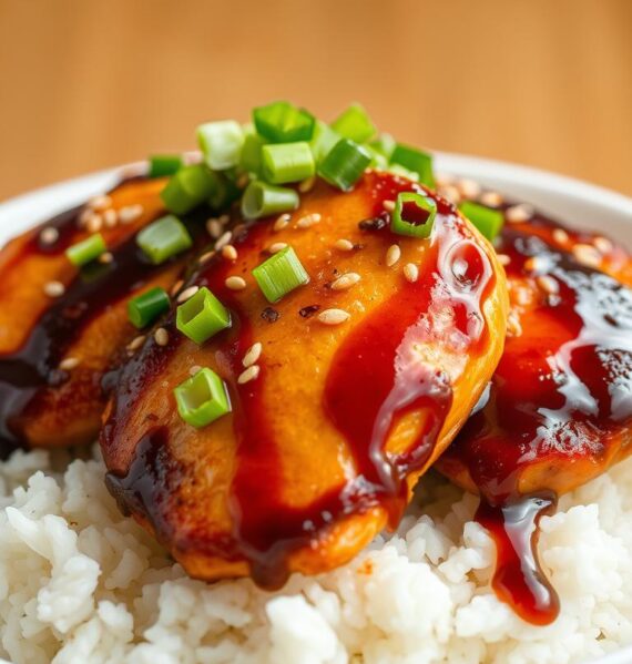 A neatly arranged dish of teriyaki-glazed baked chicken breasts, perfectly golden-brown and glistening, nestled atop a bed of steamed white rice. The chicken is garnished with fresh scallions, toasted sesame seeds, and a drizzle of the rich, savory teriyaki sauce. Soft, even lighting from above illuminates the dish, creating a warm, appetizing atmosphere. The composition is clean and balanced, showcasing the dish's mouthwatering presentation. The camera angle is slightly elevated, providing an enticing, close-up view of the delectable teriyaki baked chicken.