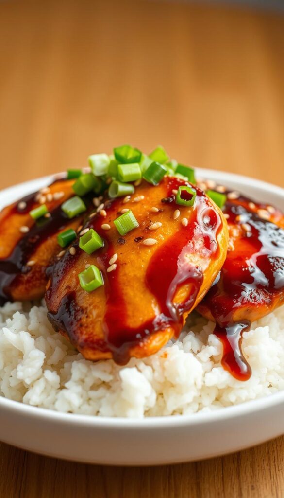 A neatly arranged dish of teriyaki-glazed baked chicken breasts, perfectly golden-brown and glistening, nestled atop a bed of steamed white rice. The chicken is garnished with fresh scallions, toasted sesame seeds, and a drizzle of the rich, savory teriyaki sauce. Soft, even lighting from above illuminates the dish, creating a warm, appetizing atmosphere. The composition is clean and balanced, showcasing the dish's mouthwatering presentation. The camera angle is slightly elevated, providing an enticing, close-up view of the delectable teriyaki baked chicken.
