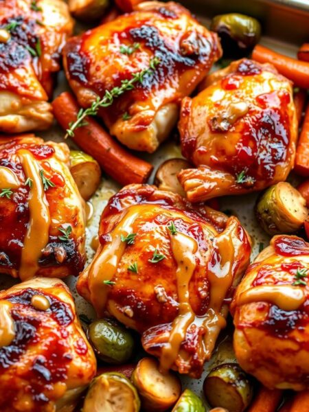 A neatly arranged sheet pan showcases a mouthwatering display of succulent maple-glazed chicken thighs, roasted to perfection. The skin glistens with a caramelized sheen, complemented by the rich, earthy hues of roasted root vegetables like carrots and brussels sprouts. A sprinkling of fresh thyme and a drizzle of tangy Dijon mustard sauce add depth and complexity to the flavors. The composition is balanced, with the chicken as the star, surrounded by a supporting cast of vibrant, perfectly cooked side dishes. Warm, soft lighting casts a cozy, inviting atmosphere, drawing the viewer in to savor the effortless, yet impressive, one-pan feast.