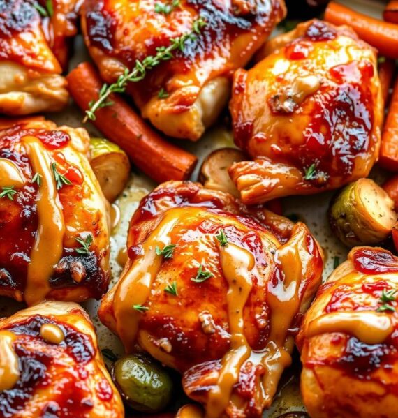 A neatly arranged sheet pan showcases a mouthwatering display of succulent maple-glazed chicken thighs, roasted to perfection. The skin glistens with a caramelized sheen, complemented by the rich, earthy hues of roasted root vegetables like carrots and brussels sprouts. A sprinkling of fresh thyme and a drizzle of tangy Dijon mustard sauce add depth and complexity to the flavors. The composition is balanced, with the chicken as the star, surrounded by a supporting cast of vibrant, perfectly cooked side dishes. Warm, soft lighting casts a cozy, inviting atmosphere, drawing the viewer in to savor the effortless, yet impressive, one-pan feast.