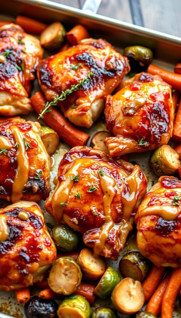 A neatly arranged sheet pan showcases a mouthwatering display of succulent maple-glazed chicken thighs, roasted to perfection. The skin glistens with a caramelized sheen, complemented by the rich, earthy hues of roasted root vegetables like carrots and brussels sprouts. A sprinkling of fresh thyme and a drizzle of tangy Dijon mustard sauce add depth and complexity to the flavors. The composition is balanced, with the chicken as the star, surrounded by a supporting cast of vibrant, perfectly cooked side dishes. Warm, soft lighting casts a cozy, inviting atmosphere, drawing the viewer in to savor the effortless, yet impressive, one-pan feast.