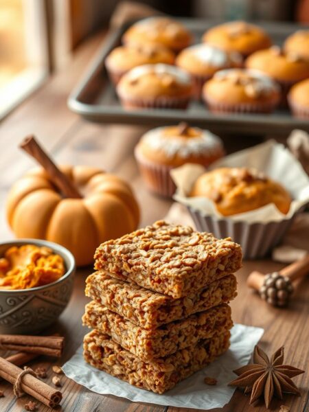 A neatly arranged still life showcasing an assortment of pumpkin spice-flavored treats on a rustic wooden table. In the foreground, a stack of homemade pumpkin spice granola bars, their crumbly texture and warm, aromatic spices visible. Next to them, a small bowl of pumpkin puree, cinnamon sticks, and freshly grated nutmeg. Behind, a vintage baking sheet displays pumpkin spice muffins, their golden tops dusted with powdered sugar. Warm, autumnal light filters through a window, casting a cozy glow over the scene. The overall mood is one of comfort, coziness, and the welcoming flavors of the fall season.