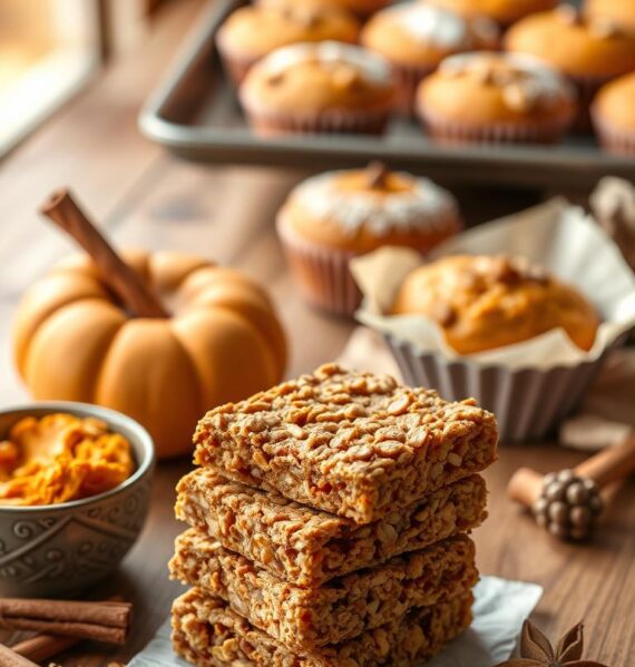 A neatly arranged still life showcasing an assortment of pumpkin spice-flavored treats on a rustic wooden table. In the foreground, a stack of homemade pumpkin spice granola bars, their crumbly texture and warm, aromatic spices visible. Next to them, a small bowl of pumpkin puree, cinnamon sticks, and freshly grated nutmeg. Behind, a vintage baking sheet displays pumpkin spice muffins, their golden tops dusted with powdered sugar. Warm, autumnal light filters through a window, casting a cozy glow over the scene. The overall mood is one of comfort, coziness, and the welcoming flavors of the fall season.