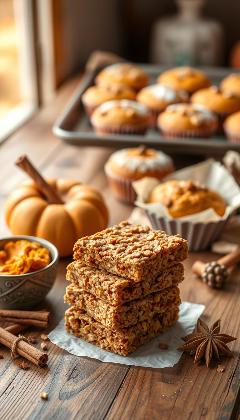 A neatly arranged still life showcasing an assortment of pumpkin spice-flavored treats on a rustic wooden table. In the foreground, a stack of homemade pumpkin spice granola bars, their crumbly texture and warm, aromatic spices visible. Next to them, a small bowl of pumpkin puree, cinnamon sticks, and freshly grated nutmeg. Behind, a vintage baking sheet displays pumpkin spice muffins, their golden tops dusted with powdered sugar. Warm, autumnal light filters through a window, casting a cozy glow over the scene. The overall mood is one of comfort, coziness, and the welcoming flavors of the fall season.