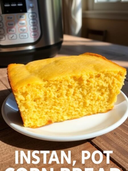 A perfectly golden-brown cornbread, fresh from an Instant Pot, sits atop a rustic wooden table. The texture is soft and moist, with a delicate crumb and a hint of sweetness. Sunlight streams in through a nearby window, casting a warm glow on the cornbread's surface. The cornbread is placed on a plain white plate, allowing its simple elegance to shine. The scene is captured from a slightly elevated angle, giving a clean and uncluttered view of the cornbread. The atmosphere is one of homey comfort and wholesome nourishment, perfect for a cozy family meal or a simple, satisfying snack.