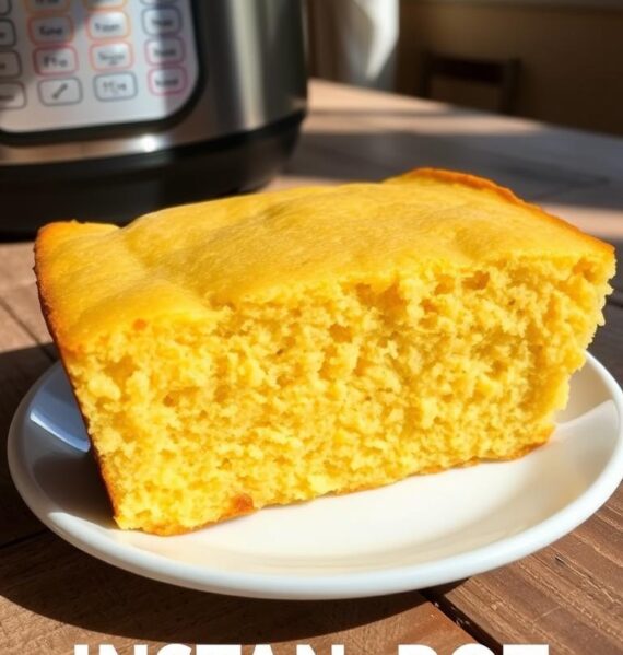 A perfectly golden-brown cornbread, fresh from an Instant Pot, sits atop a rustic wooden table. The texture is soft and moist, with a delicate crumb and a hint of sweetness. Sunlight streams in through a nearby window, casting a warm glow on the cornbread's surface. The cornbread is placed on a plain white plate, allowing its simple elegance to shine. The scene is captured from a slightly elevated angle, giving a clean and uncluttered view of the cornbread. The atmosphere is one of homey comfort and wholesome nourishment, perfect for a cozy family meal or a simple, satisfying snack.