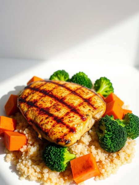 A perfectly grilled chicken breast, juicy and golden-brown, rests atop a bed of fluffy quinoa, interspersed with vibrant steamed broccoli florets and tender roasted sweet potato cubes. The arrangement is set against a clean, minimalist backdrop, illuminated by soft, natural lighting that casts subtle shadows, accentuating the textures and colors. The overall presentation is fresh, healthy, and visually appetizing, inviting the viewer to savor the balance of flavors and textures in this well-crafted meal prep dish.