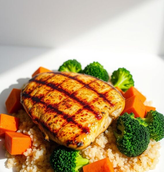 A perfectly grilled chicken breast, juicy and golden-brown, rests atop a bed of fluffy quinoa, interspersed with vibrant steamed broccoli florets and tender roasted sweet potato cubes. The arrangement is set against a clean, minimalist backdrop, illuminated by soft, natural lighting that casts subtle shadows, accentuating the textures and colors. The overall presentation is fresh, healthy, and visually appetizing, inviting the viewer to savor the balance of flavors and textures in this well-crafted meal prep dish.