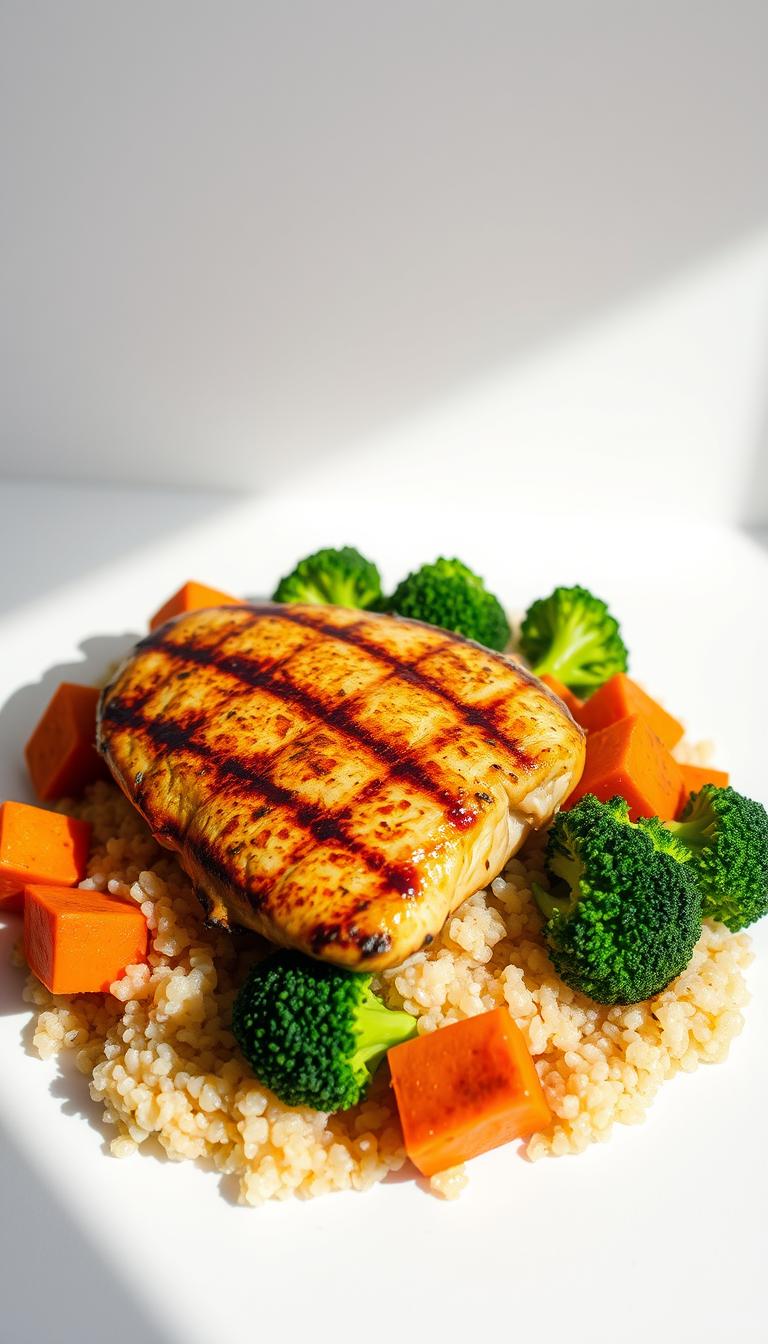 A perfectly grilled chicken breast, juicy and golden-brown, rests atop a bed of fluffy quinoa, interspersed with vibrant steamed broccoli florets and tender roasted sweet potato cubes. The arrangement is set against a clean, minimalist backdrop, illuminated by soft, natural lighting that casts subtle shadows, accentuating the textures and colors. The overall presentation is fresh, healthy, and visually appetizing, inviting the viewer to savor the balance of flavors and textures in this well-crafted meal prep dish.