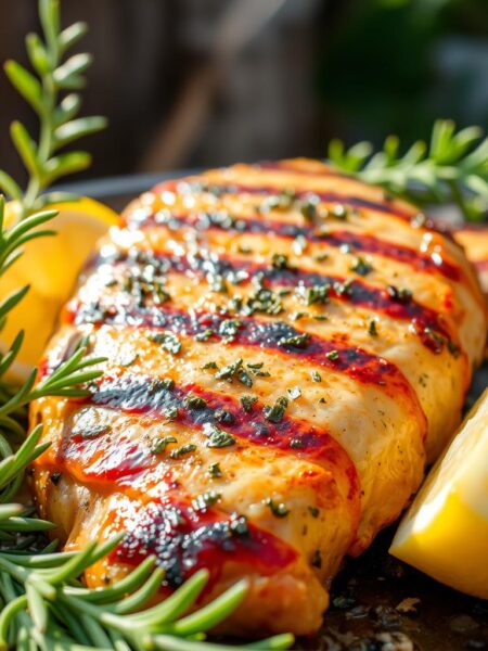 A perfectly grilled chicken breast, marinated in a tangy lemon-herb blend, glistening under natural sunlight in a rustic outdoor setting. Vibrant green sprigs of rosemary, thyme, and oregano frame the juicy, golden-brown chicken. Hints of charred edges add depth and texture, while a fresh lemon wedge offers a zesty finishing touch. Soft, diffused lighting creates a warm, inviting atmosphere, emphasizing the dish's appetizing appearance. The entire scene is captured from a dynamic low angle, conveying a sense of artisanal craftsmanship and culinary expertise.