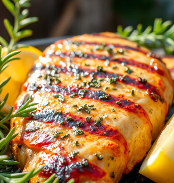 A perfectly grilled chicken breast, marinated in a tangy lemon-herb blend, glistening under natural sunlight in a rustic outdoor setting. Vibrant green sprigs of rosemary, thyme, and oregano frame the juicy, golden-brown chicken. Hints of charred edges add depth and texture, while a fresh lemon wedge offers a zesty finishing touch. Soft, diffused lighting creates a warm, inviting atmosphere, emphasizing the dish's appetizing appearance. The entire scene is captured from a dynamic low angle, conveying a sense of artisanal craftsmanship and culinary expertise.