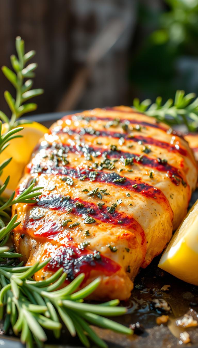 A perfectly grilled chicken breast, marinated in a tangy lemon-herb blend, glistening under natural sunlight in a rustic outdoor setting. Vibrant green sprigs of rosemary, thyme, and oregano frame the juicy, golden-brown chicken. Hints of charred edges add depth and texture, while a fresh lemon wedge offers a zesty finishing touch. Soft, diffused lighting creates a warm, inviting atmosphere, emphasizing the dish's appetizing appearance. The entire scene is captured from a dynamic low angle, conveying a sense of artisanal craftsmanship and culinary expertise.
