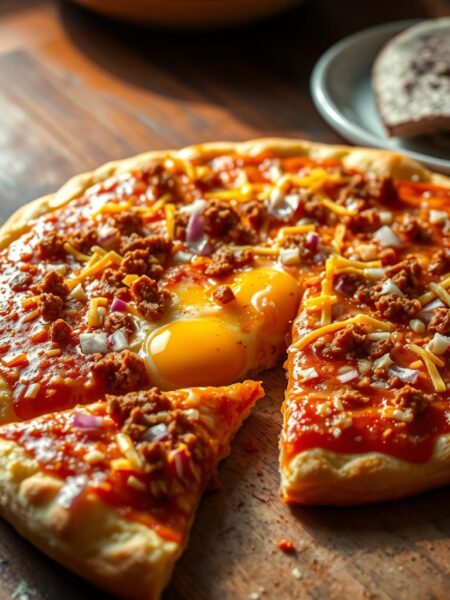 A piping hot, freshly baked Mexican breakfast pizza with a golden, bubbly crust. The surface is covered in a vibrant, tomato-based sauce, sprinkled with crumbled chorizo sausage, shredded cheddar cheese, and diced red onions. In the foreground, a single slice has been cut, revealing the fluffy interior with perfectly cooked eggs nestled within. The background features a rustic, wooden table setting, with a bright, natural light illuminating the scene and casting warm, soft shadows. The overall mood is inviting, mouthwatering, and authentically Mexican.