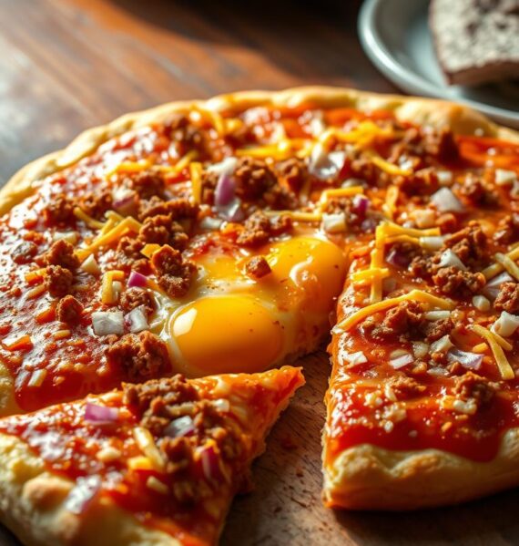 A piping hot, freshly baked Mexican breakfast pizza with a golden, bubbly crust. The surface is covered in a vibrant, tomato-based sauce, sprinkled with crumbled chorizo sausage, shredded cheddar cheese, and diced red onions. In the foreground, a single slice has been cut, revealing the fluffy interior with perfectly cooked eggs nestled within. The background features a rustic, wooden table setting, with a bright, natural light illuminating the scene and casting warm, soft shadows. The overall mood is inviting, mouthwatering, and authentically Mexican.