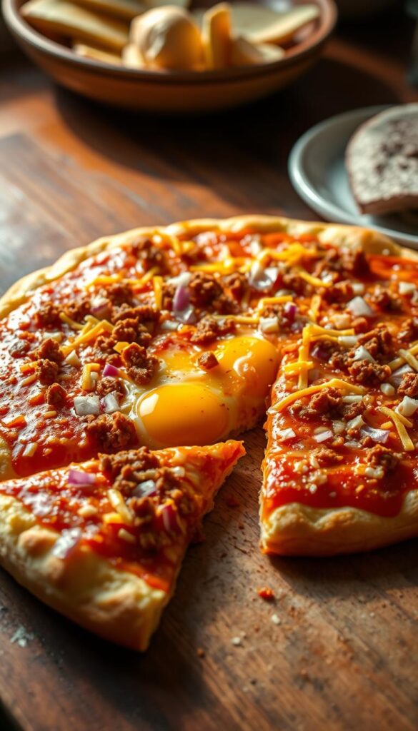 A piping hot, freshly baked Mexican breakfast pizza with a golden, bubbly crust. The surface is covered in a vibrant, tomato-based sauce, sprinkled with crumbled chorizo sausage, shredded cheddar cheese, and diced red onions. In the foreground, a single slice has been cut, revealing the fluffy interior with perfectly cooked eggs nestled within. The background features a rustic, wooden table setting, with a bright, natural light illuminating the scene and casting warm, soft shadows. The overall mood is inviting, mouthwatering, and authentically Mexican. A piping hot, freshly baked Mexican breakfast pizza with a golden, bubbly crust. The surface is covered in a vibrant, tomato-based sauce, sprinkled with crumbled chorizo sausage, shredded cheddar cheese, and diced red onions. In the foreground, a single slice has been cut, revealing the fluffy interior with perfectly cooked eggs nestled within. The background features a rustic, wooden table setting, with a bright, natural light illuminating the scene and casting warm, soft shadows. The overall mood is inviting, mouthwatering, and authentically Mexican.