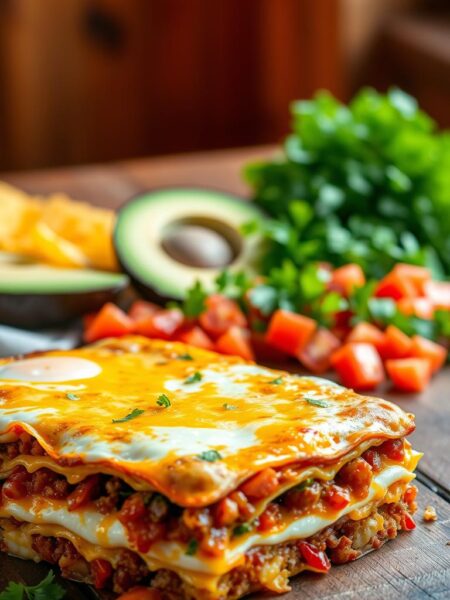 A piping hot, freshly baked Southwestern Breakfast Casserole sits on a rustic wooden table, surrounded by fresh ingredients. In the foreground, layers of fluffy eggs, spicy chorizo, roasted peppers, and melted Cheddar cheese come together in a mouth-watering display. The middle ground features a scattering of diced tomatoes, sliced avocado, and a sprinkle of cilantro, adding pops of color and texture. The background is bathed in warm, golden light, creating a cozy, inviting atmosphere. The casserole is photographed from a slightly elevated angle, showcasing its hearty, comforting nature. The overall scene evokes the flavors and warmth of a traditional Southwestern breakfast, perfect for impressing guests.