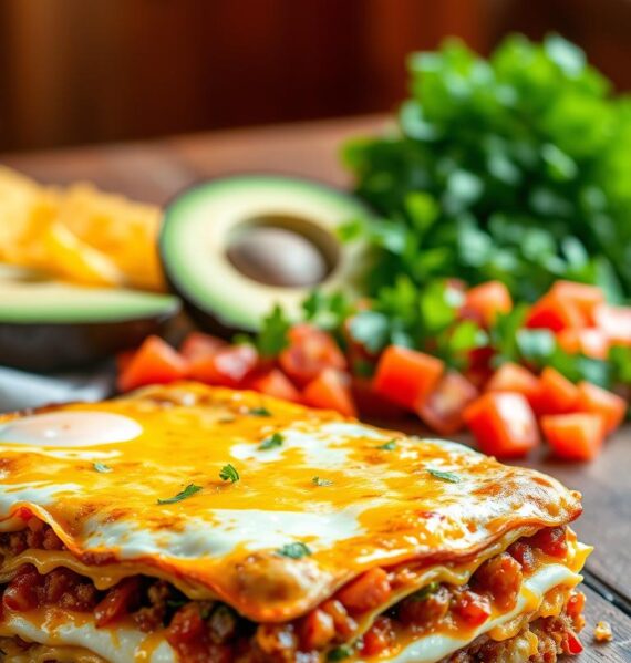 A piping hot, freshly baked Southwestern Breakfast Casserole sits on a rustic wooden table, surrounded by fresh ingredients. In the foreground, layers of fluffy eggs, spicy chorizo, roasted peppers, and melted Cheddar cheese come together in a mouth-watering display. The middle ground features a scattering of diced tomatoes, sliced avocado, and a sprinkle of cilantro, adding pops of color and texture. The background is bathed in warm, golden light, creating a cozy, inviting atmosphere. The casserole is photographed from a slightly elevated angle, showcasing its hearty, comforting nature. The overall scene evokes the flavors and warmth of a traditional Southwestern breakfast, perfect for impressing guests.