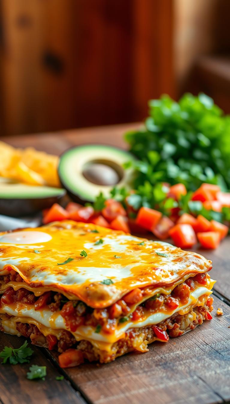 A piping hot, freshly baked Southwestern Breakfast Casserole sits on a rustic wooden table, surrounded by fresh ingredients. In the foreground, layers of fluffy eggs, spicy chorizo, roasted peppers, and melted Cheddar cheese come together in a mouth-watering display. The middle ground features a scattering of diced tomatoes, sliced avocado, and a sprinkle of cilantro, adding pops of color and texture. The background is bathed in warm, golden light, creating a cozy, inviting atmosphere. The casserole is photographed from a slightly elevated angle, showcasing its hearty, comforting nature. The overall scene evokes the flavors and warmth of a traditional Southwestern breakfast, perfect for impressing guests.