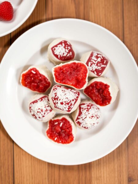 A plate of delectable strawberry coconut energy bites, captured in a soft, natural lighting. The hand-shaped, bite-sized treats sit atop a wooden surface, their vibrant red hues contrasting beautifully with the creamy white coconut flakes. The composition is clean and uncluttered, allowing the snacks to take center stage. Subtle shadows and highlights accentuate the textural details, from the smooth, dense interiors to the lightly toasted coconut exterior. The overall mood is warm, inviting, and evocative of a homemade, wholesome treat, perfect for a healthy snack.