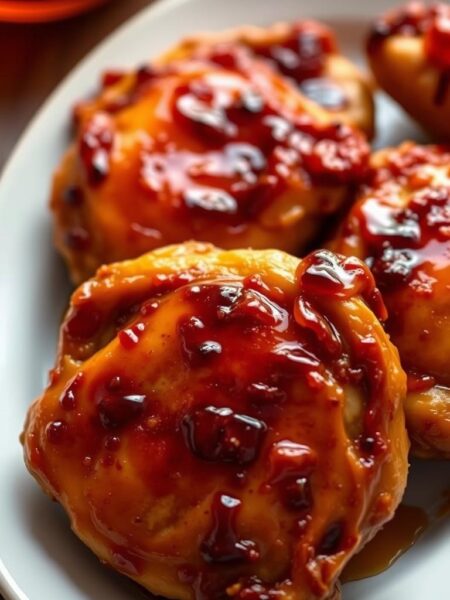 A plate of freshly prepared honey soy glazed chicken thighs, with a crispy golden-brown skin and a glistening glaze. The thighs are arranged in a visually appealing manner, showcasing their juicy and tender texture. The lighting is warm and slightly soft, creating a cozy and appetizing atmosphere. The background is blurred, allowing the chicken to be the focal point of the image. The angle is slightly elevated, providing a birds-eye view of the dish, highlighting the intricate details of the glaze and the perfectly cooked chicken. The overall mood is inviting and mouthwatering, making the viewer eager to try this delectable honey soy glazed chicken thigh recipe.
