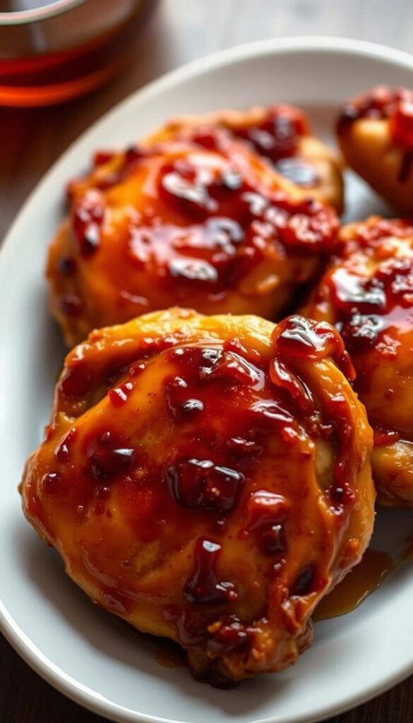 A plate of freshly prepared honey soy glazed chicken thighs, with a crispy golden-brown skin and a glistening glaze. The thighs are arranged in a visually appealing manner, showcasing their juicy and tender texture. The lighting is warm and slightly soft, creating a cozy and appetizing atmosphere. The background is blurred, allowing the chicken to be the focal point of the image. The angle is slightly elevated, providing a birds-eye view of the dish, highlighting the intricate details of the glaze and the perfectly cooked chicken. The overall mood is inviting and mouthwatering, making the viewer eager to try this delectable honey soy glazed chicken thigh recipe.