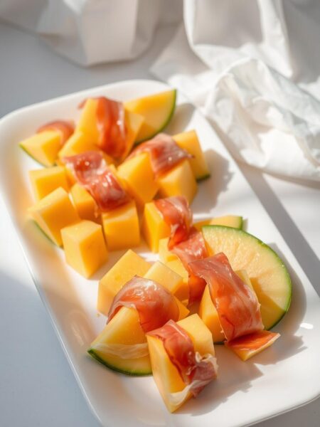 A platter of freshly sliced cantaloupe, each piece wrapped in a delicate strip of prosciutto. The cantaloupe cubes glisten under soft, natural lighting, casting subtle shadows on the white tabletop. The prosciutto's deep, savory hues contrast beautifully with the melon's vibrant orange flesh. In the background, a light, airy fabric or paper backdrop adds a sense of simplicity and elegance. The overall composition evokes a sense of casual, healthy indulgence - a quick, flavorful fruit-based snack ready to be savored.