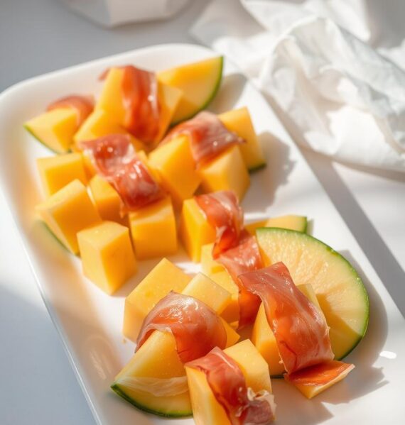 A platter of freshly sliced cantaloupe, each piece wrapped in a delicate strip of prosciutto. The cantaloupe cubes glisten under soft, natural lighting, casting subtle shadows on the white tabletop. The prosciutto's deep, savory hues contrast beautifully with the melon's vibrant orange flesh. In the background, a light, airy fabric or paper backdrop adds a sense of simplicity and elegance. The overall composition evokes a sense of casual, healthy indulgence - a quick, flavorful fruit-based snack ready to be savored.