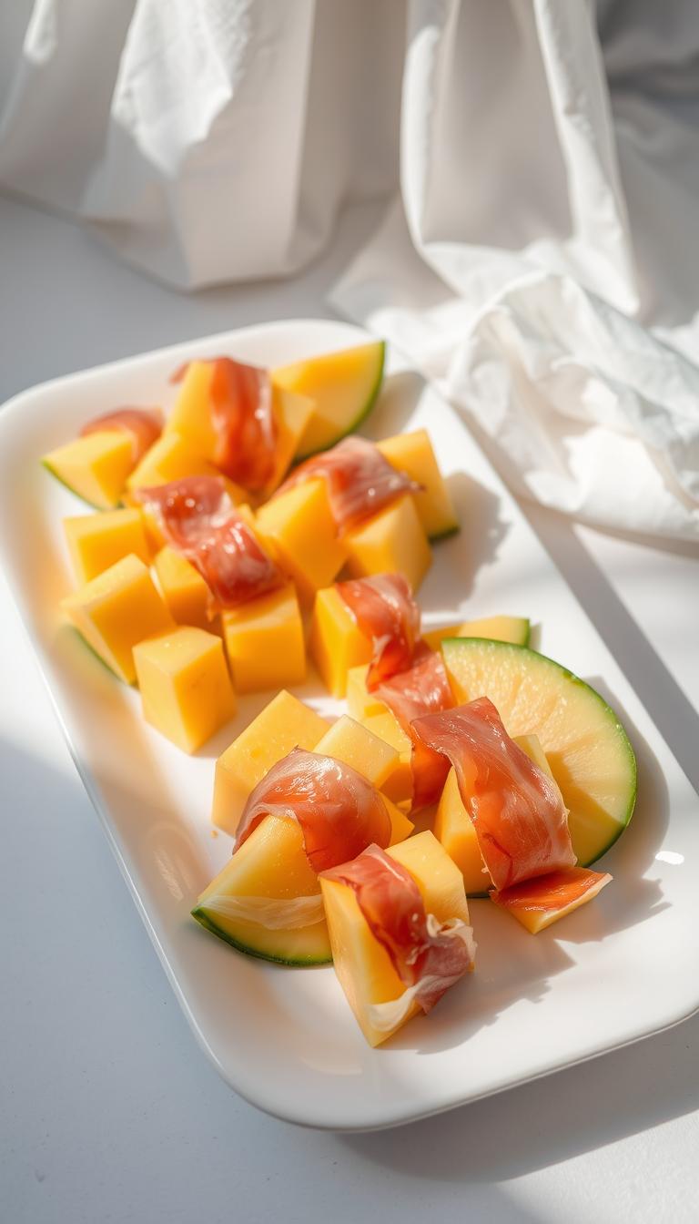 A platter of freshly sliced cantaloupe, each piece wrapped in a delicate strip of prosciutto. The cantaloupe cubes glisten under soft, natural lighting, casting subtle shadows on the white tabletop. The prosciutto's deep, savory hues contrast beautifully with the melon's vibrant orange flesh. In the background, a light, airy fabric or paper backdrop adds a sense of simplicity and elegance. The overall composition evokes a sense of casual, healthy indulgence - a quick, flavorful fruit-based snack ready to be savored.