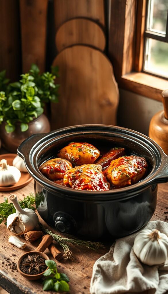 A rustic, earthy kitchen scene with a cast iron slow cooker in the center, filled with juicy, smoky paprika-spiced chicken thighs simmering in a rich, aromatic sauce. Soft light filters through a window, casting a warm glow on the scene. Fresh herbs, garlic, and whole spices surround the slow cooker, hinting at the flavors within. The background features simple, natural materials like wood and stone, creating a cozy, homey atmosphere. The composition is balanced, with the slow cooker as the focal point, drawing the viewer's attention to the delectable slow-cooked chicken thighs.