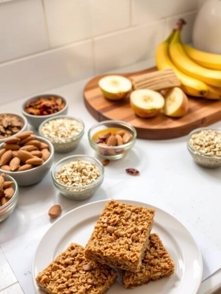 A rustic kitchen counter showcasing a variety of homemade snack options. In the foreground, a plate of golden brown almond butter oat bars, their crumbly texture and nutty aroma inviting the viewer to reach out and take a bite. Surrounding the bars are small bowls filled with an assortment of natural ingredients: roasted almonds, rolled oats, honey, and dried fruit. In the middle ground, a wooden cutting board holds sliced apples and whole bananas, complementing the hearty granola bars. The background features a simple, minimalist setting with natural light streaming in through a window, casting a warm, cozy glow over the scene. The overall mood is one of wholesome, artisanal goodness, showcasing the appeal of homemade snacks.