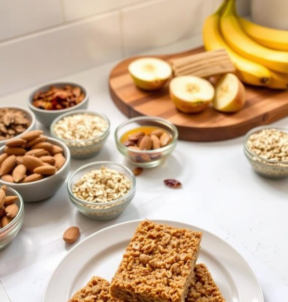 A rustic kitchen counter showcasing a variety of homemade snack options. In the foreground, a plate of golden brown almond butter oat bars, their crumbly texture and nutty aroma inviting the viewer to reach out and take a bite. Surrounding the bars are small bowls filled with an assortment of natural ingredients: roasted almonds, rolled oats, honey, and dried fruit. In the middle ground, a wooden cutting board holds sliced apples and whole bananas, complementing the hearty granola bars. The background features a simple, minimalist setting with natural light streaming in through a window, casting a warm, cozy glow over the scene. The overall mood is one of wholesome, artisanal goodness, showcasing the appeal of homemade snacks.