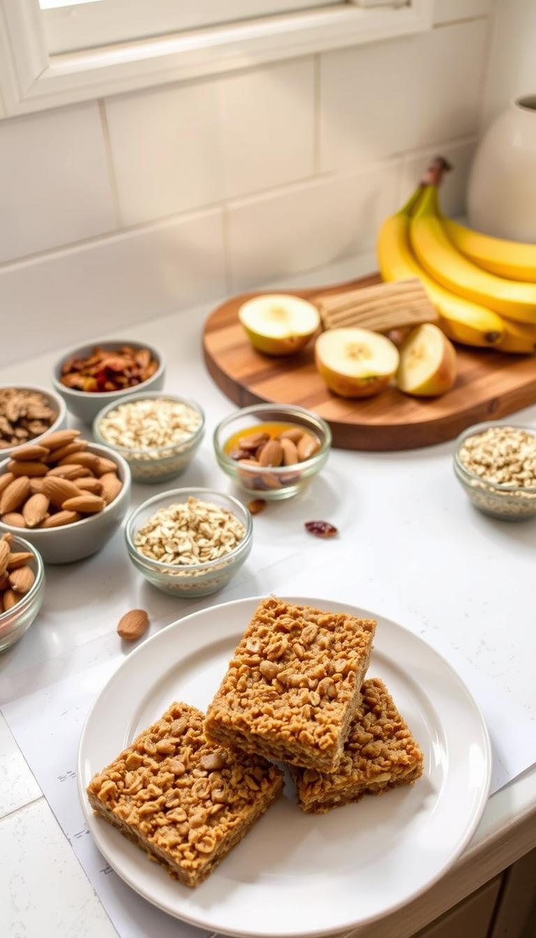 A rustic kitchen counter showcasing a variety of homemade snack options. In the foreground, a plate of golden brown almond butter oat bars, their crumbly texture and nutty aroma inviting the viewer to reach out and take a bite. Surrounding the bars are small bowls filled with an assortment of natural ingredients: roasted almonds, rolled oats, honey, and dried fruit. In the middle ground, a wooden cutting board holds sliced apples and whole bananas, complementing the hearty granola bars. The background features a simple, minimalist setting with natural light streaming in through a window, casting a warm, cozy glow over the scene. The overall mood is one of wholesome, artisanal goodness, showcasing the appeal of homemade snacks.