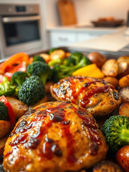 A rustic one-pan dish featuring juicy balsamic-marinated chicken breasts roasted alongside an assortment of fresh, colorful vegetables. In the foreground, the golden-brown chicken glistens with a rich, tangy sauce, surrounded by tender broccoli florets, sliced bell peppers, and roasted baby potatoes. The middle ground showcases the array of vibrant veggies, while the background gradually fades into a softly-lit, minimalist kitchen setting, creating a warm, inviting atmosphere. Soft, diffused lighting casts gentle shadows, highlighting the dish's textures and flavors. Captured with a wide-angle lens, the composition emphasizes the simplicity and balanced presentation of this wholesome, one-pan wonder.