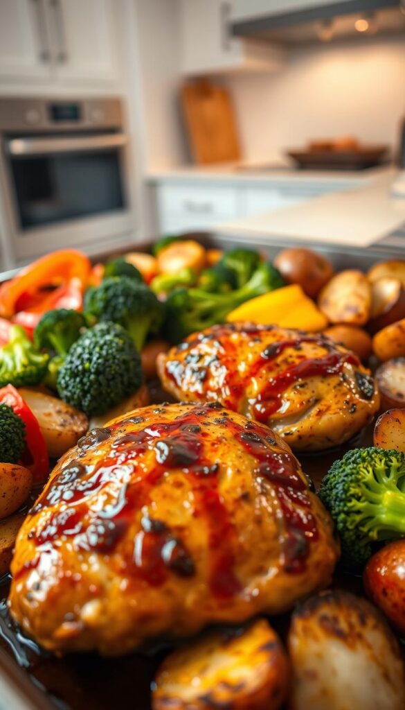 A rustic one-pan dish featuring juicy balsamic-marinated chicken breasts roasted alongside an assortment of fresh, colorful vegetables. In the foreground, the golden-brown chicken glistens with a rich, tangy sauce, surrounded by tender broccoli florets, sliced bell peppers, and roasted baby potatoes. The middle ground showcases the array of vibrant veggies, while the background gradually fades into a softly-lit, minimalist kitchen setting, creating a warm, inviting atmosphere. Soft, diffused lighting casts gentle shadows, highlighting the dish's textures and flavors. Captured with a wide-angle lens, the composition emphasizes the simplicity and balanced presentation of this wholesome, one-pan wonder.