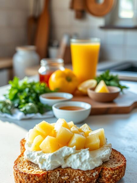 A rustic, sun-drenched kitchen counter showcases a delightful breakfast scene. In the foreground, two slices of artisanal toast are adorned with creamy cottage cheese and vibrant pineapple chunks, arranged with care. The middle ground features a variety of breakfast ingredients, including fresh herbs, a small bowl of honey, and a glass of freshly squeezed orange juice. The background is softly blurred, creating a sense of depth and emphasizing the focal point. The lighting is warm and natural, casting gentle shadows and highlighting the textures of the food. The overall mood is one of simple, wholesome indulgence, capturing the essence of a quick but nourishing breakfast.