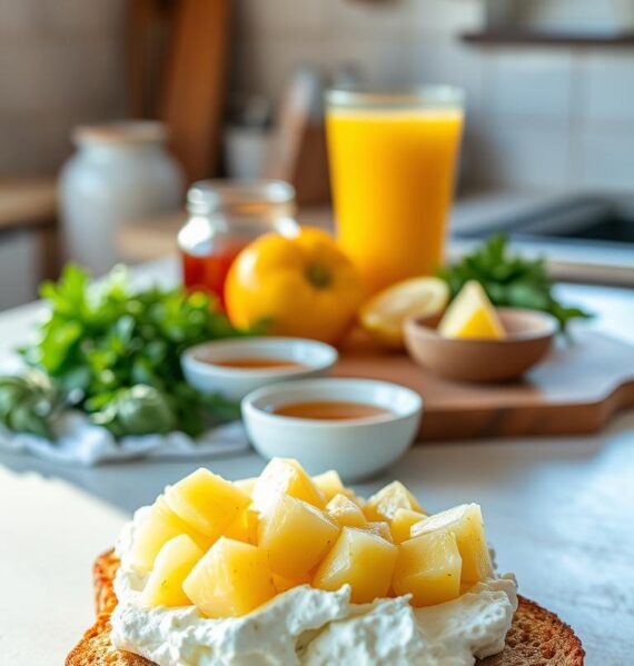 A rustic, sun-drenched kitchen counter showcases a delightful breakfast scene. In the foreground, two slices of artisanal toast are adorned with creamy cottage cheese and vibrant pineapple chunks, arranged with care. The middle ground features a variety of breakfast ingredients, including fresh herbs, a small bowl of honey, and a glass of freshly squeezed orange juice. The background is softly blurred, creating a sense of depth and emphasizing the focal point. The lighting is warm and natural, casting gentle shadows and highlighting the textures of the food. The overall mood is one of simple, wholesome indulgence, capturing the essence of a quick but nourishing breakfast.