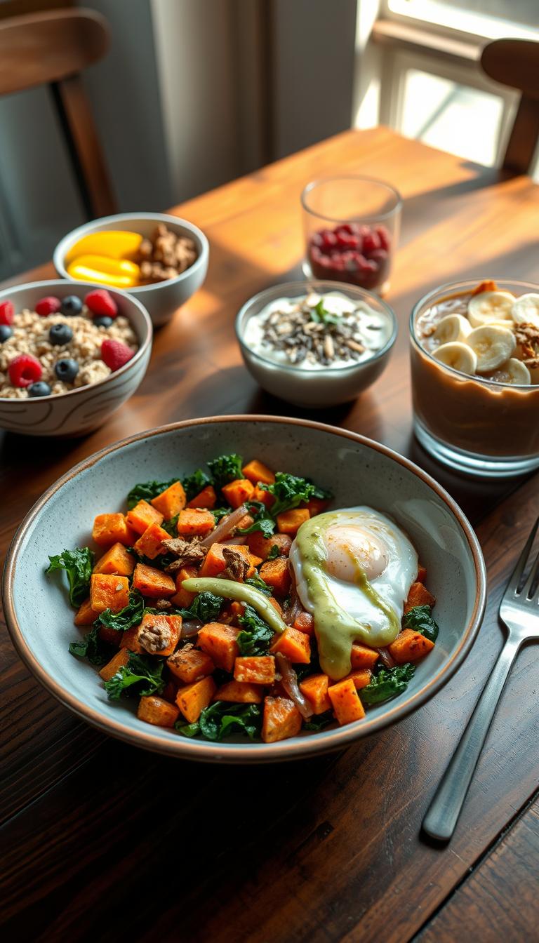 A rustic wooden table set with a variety of colorful and nourishing breakfast bowls. In the foreground, a large bowl filled with a vibrant hash of diced sweet potatoes, caramelized onions, and sautéed kale, garnished with a poached egg and drizzled with a creamy avocado-lime dressing. Surrounding it, additional bowls containing overnight oats with fresh berries, a yogurt parfait layered with granola and sliced mango, and a smoothie bowl topped with sliced banana, chia seeds, and toasted coconut flakes. Soft natural lighting filters in from a nearby window, casting a warm glow over the scene. The overall mood is one of wholesome, comforting simplicity.