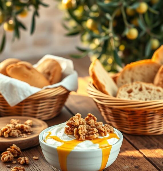 A rustic wooden table with a Greek breakfast spread - a bowl of thick, creamy Greek yogurt drizzled with golden honey, sprinkled with crunchy walnuts, and accompanied by a basket of fresh, flaky bread. The scene is bathed in warm, natural lighting that casts a soft, cozy glow over the scene. In the background, a lush, verdant olive tree sways gently, hinting at the Mediterranean setting. The overall mood is one of simplicity, indulgence, and the celebration of fresh, wholesome ingredients.