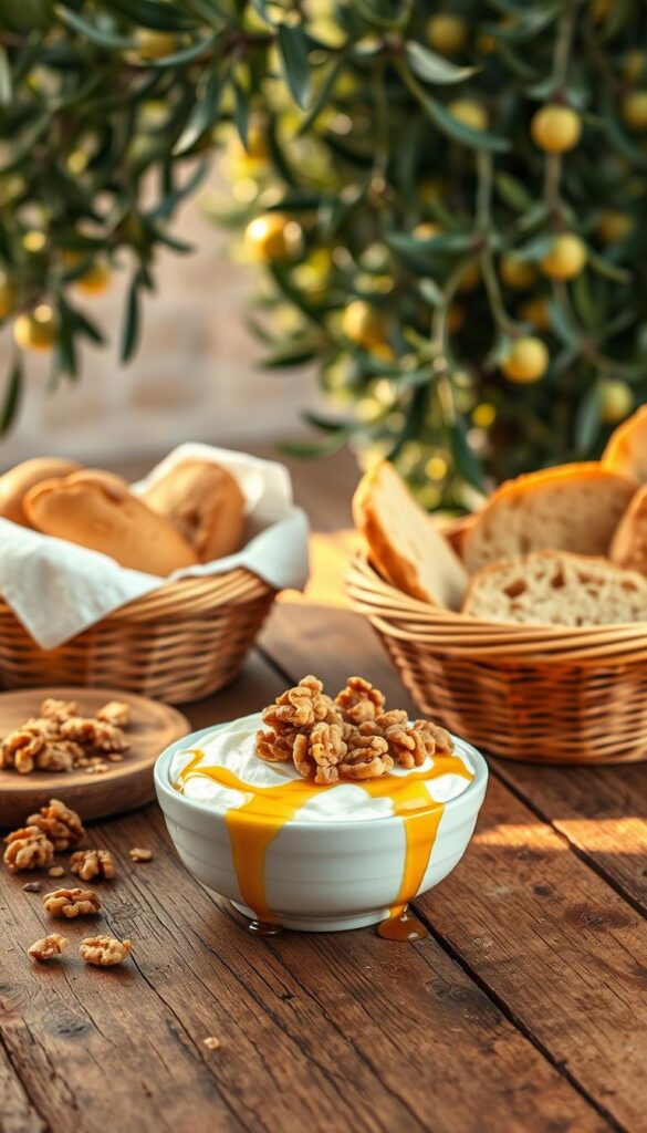 A rustic wooden table with a Greek breakfast spread - a bowl of thick, creamy Greek yogurt drizzled with golden honey, sprinkled with crunchy walnuts, and accompanied by a basket of fresh, flaky bread. The scene is bathed in warm, natural lighting that casts a soft, cozy glow over the scene. In the background, a lush, verdant olive tree sways gently, hinting at the Mediterranean setting. The overall mood is one of simplicity, indulgence, and the celebration of fresh, wholesome ingredients.