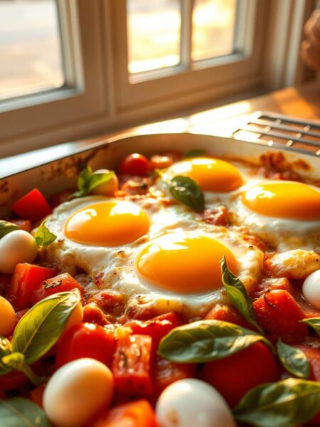 A savory egg bake nestled in a bed of juicy tomatoes, fresh mozzarella, and fragrant basil leaves. The casserole dish catches the warm, golden glow of afternoon sunlight filtering through a large window, casting a cozy, inviting atmosphere. Perfectly cooked eggs are set atop the vibrant layers, their soft, creamy centers contrasting with the crisp, bubbly cheese around the edges. The overall presentation is rustic yet elegant, making it an irresistible centerpiece for a delightful brunch spread.