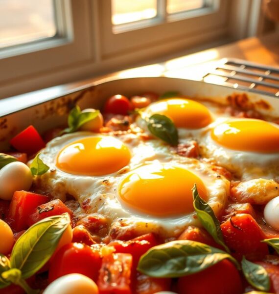 A savory egg bake nestled in a bed of juicy tomatoes, fresh mozzarella, and fragrant basil leaves. The casserole dish catches the warm, golden glow of afternoon sunlight filtering through a large window, casting a cozy, inviting atmosphere. Perfectly cooked eggs are set atop the vibrant layers, their soft, creamy centers contrasting with the crisp, bubbly cheese around the edges. The overall presentation is rustic yet elegant, making it an irresistible centerpiece for a delightful brunch spread.