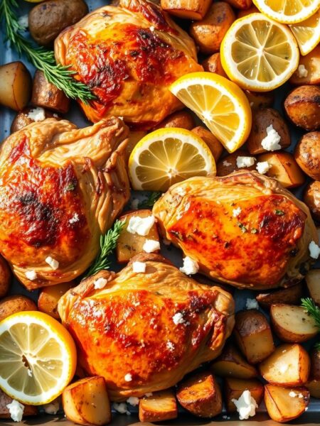 A sheet pan filled with golden-roasted chicken thighs and roasted potatoes, garnished with fresh lemon wedges, oregano sprigs, and crumbled feta cheese. The chicken has a beautiful caramelized exterior, while the potatoes are crispy on the outside and fluffy within. The scene is bathed in warm, natural lighting, casting gentle shadows and highlights that accentuate the textures. The composition is balanced, with the chicken and potatoes arranged in an appealing, rustic manner. The overall mood is one of simple, Mediterranean-inspired elegance and the promise of a satisfying, effortless dinner.