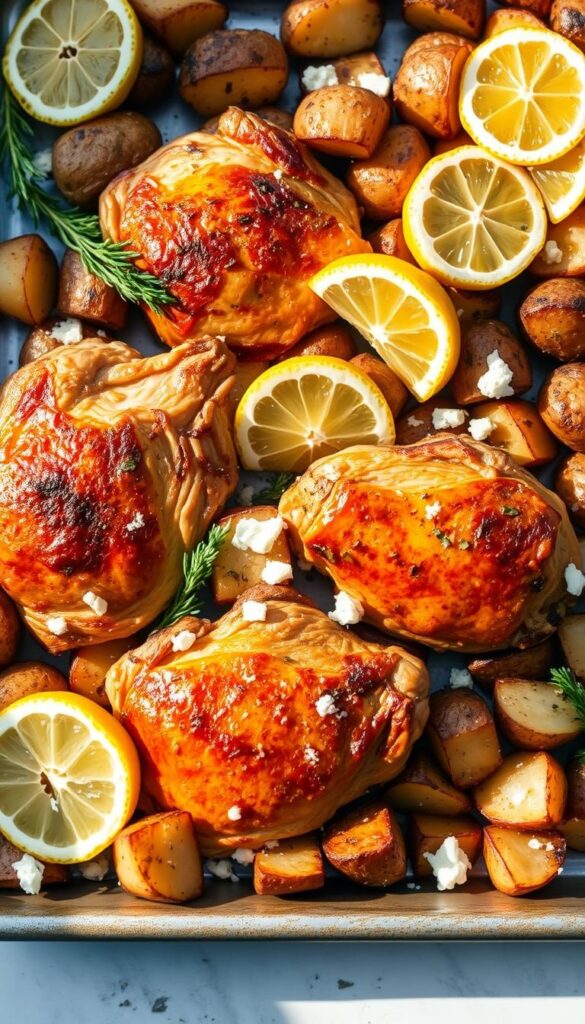 A sheet pan filled with golden-roasted chicken thighs and roasted potatoes, garnished with fresh lemon wedges, oregano sprigs, and crumbled feta cheese. The chicken has a beautiful caramelized exterior, while the potatoes are crispy on the outside and fluffy within. The scene is bathed in warm, natural lighting, casting gentle shadows and highlights that accentuate the textures. The composition is balanced, with the chicken and potatoes arranged in an appealing, rustic manner. The overall mood is one of simple, Mediterranean-inspired elegance and the promise of a satisfying, effortless dinner.