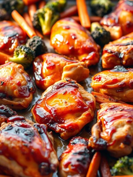 A sheet pan filled with juicy, caramelized teriyaki-glazed chicken thighs, arranged in a visually appealing layout. The thighs have a succulent, bronzed skin and are accompanied by vibrant, roasted vegetables like broccoli and carrots. The scene is bathed in warm, natural lighting, creating a cozy, appetizing atmosphere. The camera angle is slightly elevated, showcasing the delectable details of the dish. The overall mood is one of effortless, mouthwatering home-cooked goodness.