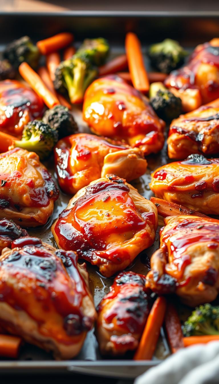 A sheet pan filled with juicy, caramelized teriyaki-glazed chicken thighs, arranged in a visually appealing layout. The thighs have a succulent, bronzed skin and are accompanied by vibrant, roasted vegetables like broccoli and carrots. The scene is bathed in warm, natural lighting, creating a cozy, appetizing atmosphere. The camera angle is slightly elevated, showcasing the delectable details of the dish. The overall mood is one of effortless, mouthwatering home-cooked goodness.