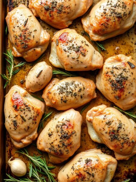 A sheet pan filled with juicy chicken thighs, coated in a flavorful blend of Italian herbs - rosemary, thyme, oregano, and garlic. The chicken is arranged in a visually appealing layout, with the skin glistening under the warm, natural lighting. The background features a rustic, wooden table or surface, adding to the homely, homemade atmosphere. The overall composition has a comforting, appetizing feel, capturing the essence of a simple, yet delicious Italian-inspired sheet pan dinner.
